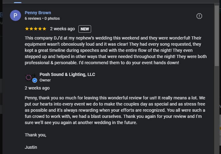 5 star review complimenting our sound quality from wedding reception