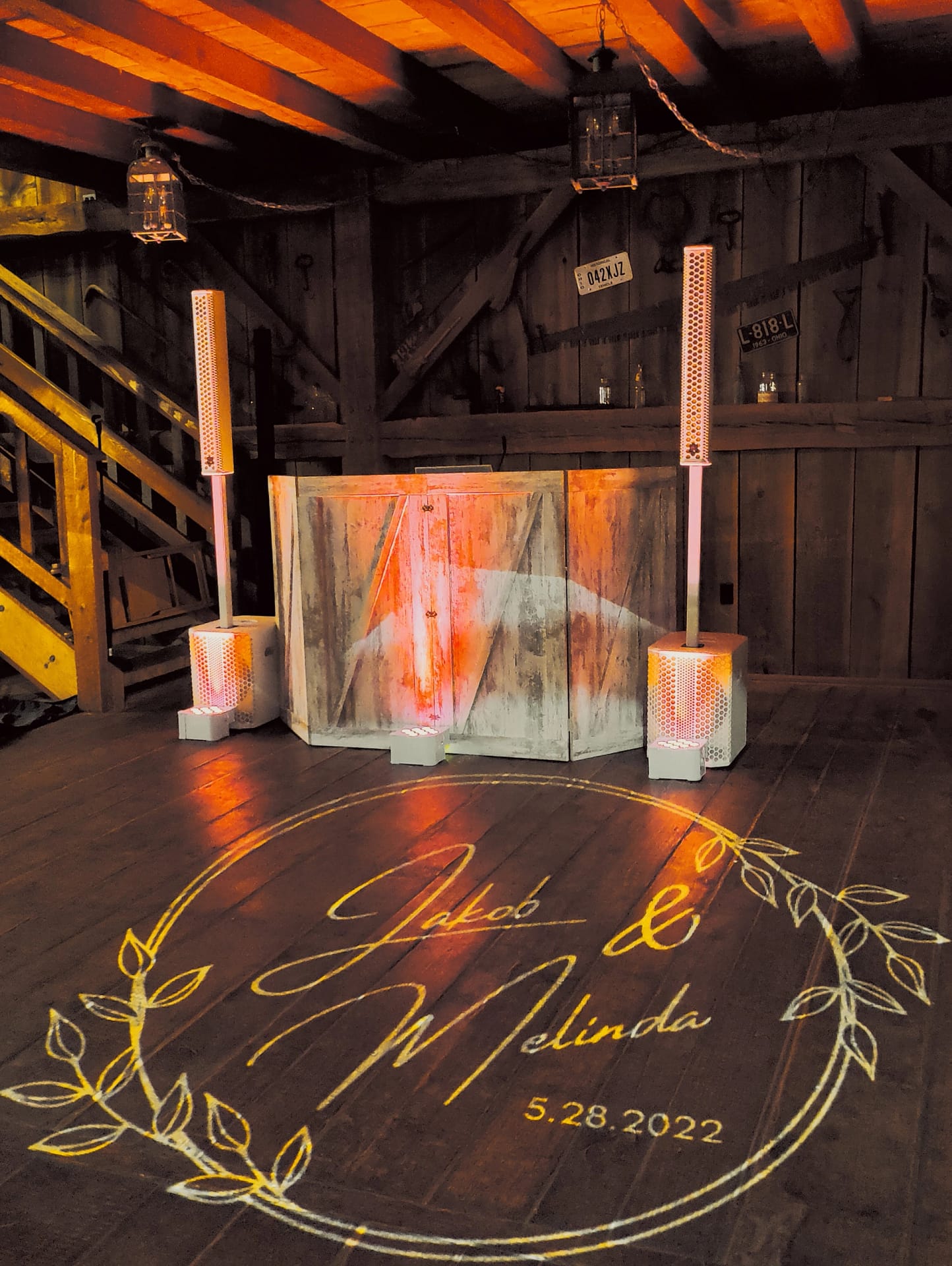 Wedding DJ setup at rustic barn in Northeast Ohio